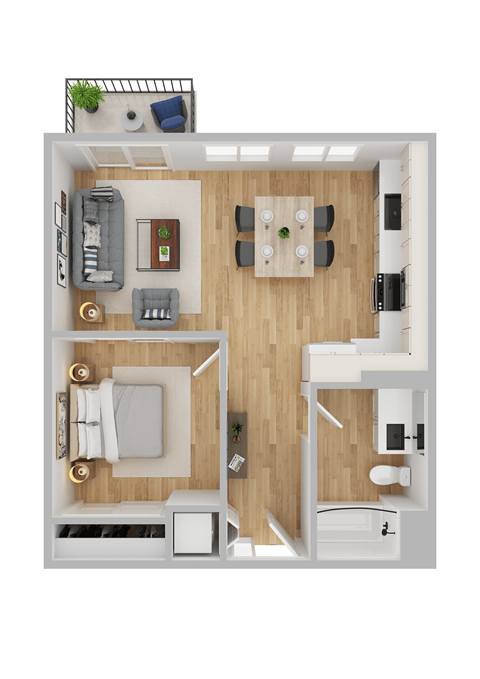 Floor plan for 1 bed, 1 bath, 598 sqft